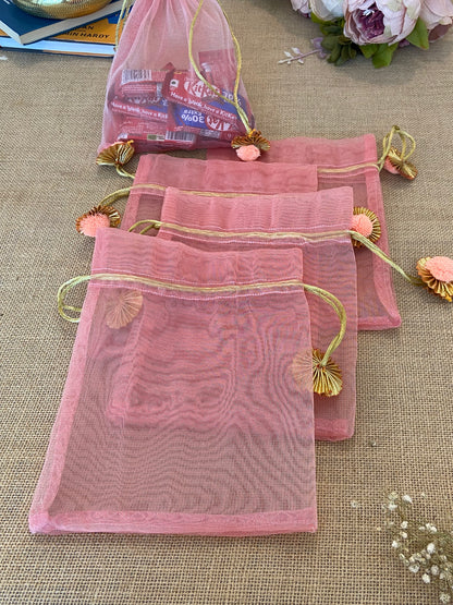 LABZIO Silk Organza Potli Bags for Return Gifts – 9x7 Inch Silk Gift Pouches with Drawstring & Flower Design, Wedding, Mehendi, Party Favor Bags, Jewelry Pouch - (Pack of 5)