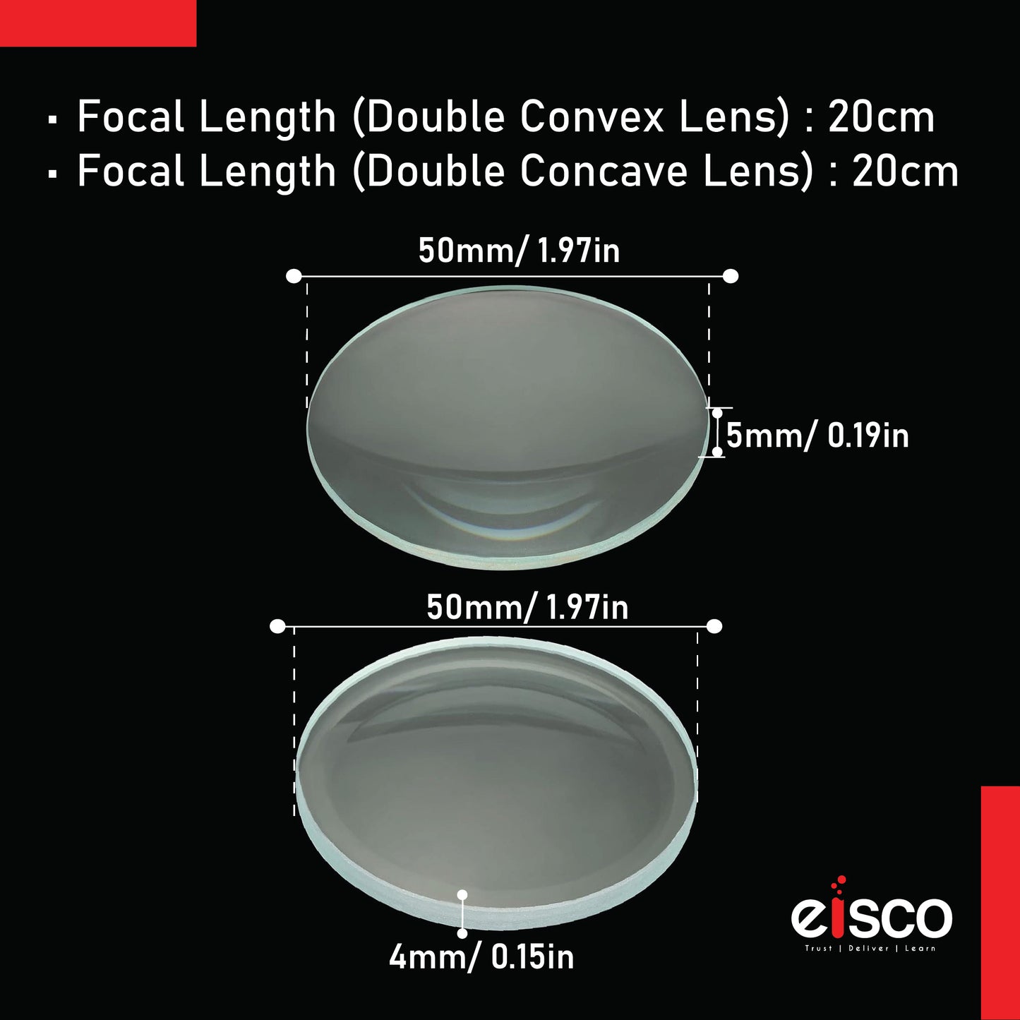 EISCO Optical Glass Lenses (Set of 4) 50mm Double Convex & Concave, High Quality Polished Glass for Physics, Light Refraction, Ray Optics, Science Experiments, Learning & Educational Lab Equipment