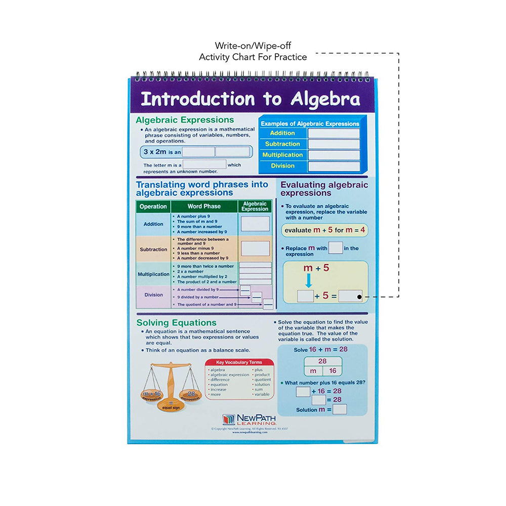 Algebra Skills Educational Flip Charts, Laminated Double Sided Charts With Write-on & Wipe-Off Activity Charts, 10 Charts of Size 12" x 18"