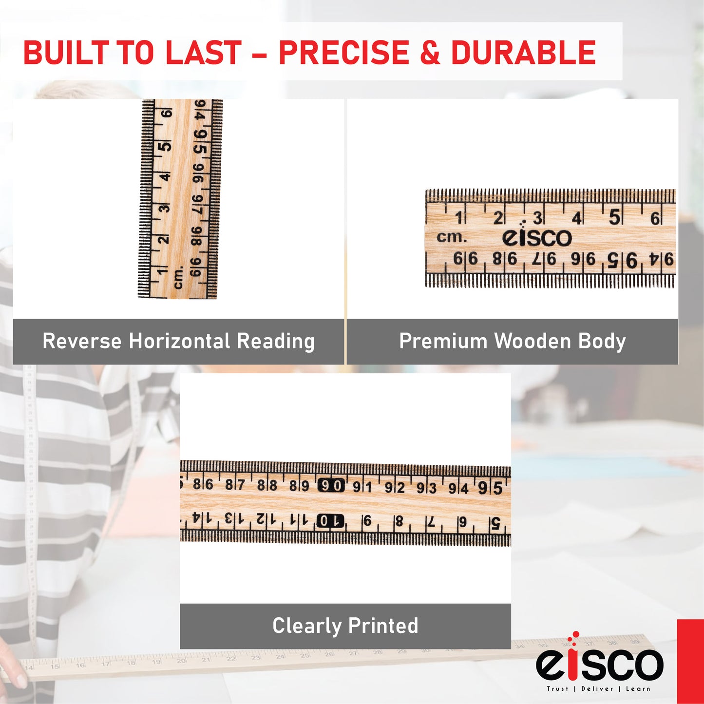 EISCO Premium One Meter (100cm) Wooden Scale(ruler), Horizontal Reading In Reverse On Each End, Pack of 2