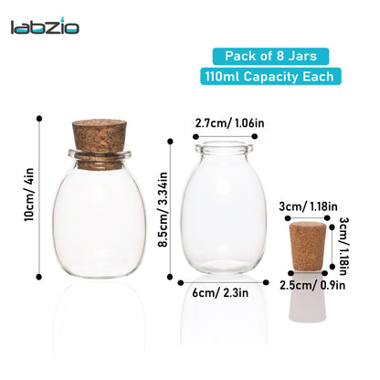 LABZIO Home - Borosilicate glass spice jars with cork stoppers, Ideal for DIY crafts, party favors, dry fruit gifting, chutneybottles, (Pack of 8) (110 ml each), Includes a funnel (80mm)