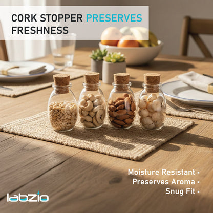 LABZIO Home - Borosilicate glass spice jars with cork stoppers, Ideal for DIY crafts, party favors, dry fruit gifting, chutneybottles, (Pack of 8) (110 ml each), Includes a funnel (80mm)
