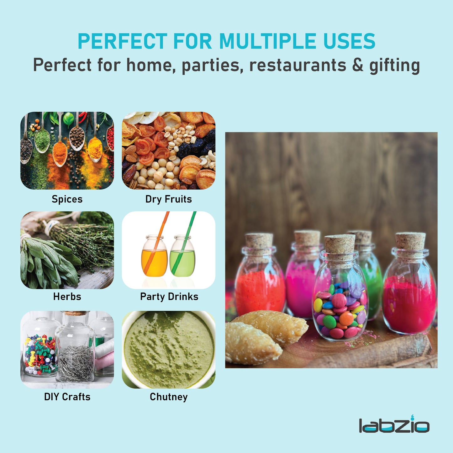 LABZIO Home - Borosilicate glass spice jars with cork stoppers, Ideal for DIY crafts, party favors, dry fruit gifting, chutneybottles, (Pack of 8) (110 ml each), Includes a funnel (80mm)