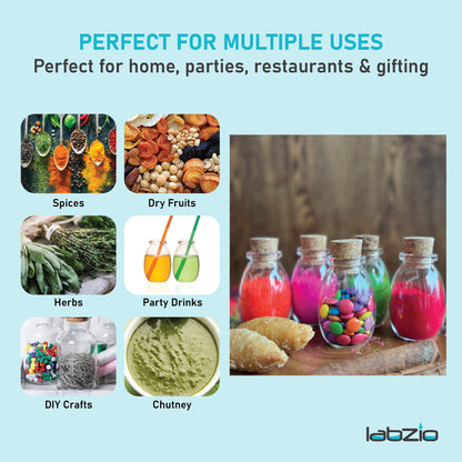 LABZIO Home - Borosilicate glass spice jars with cork stoppers, Ideal for DIY crafts, party favors, dry fruit gifting, chutneybottles, (Pack of 8) (110 ml each), Includes a funnel (80mm)