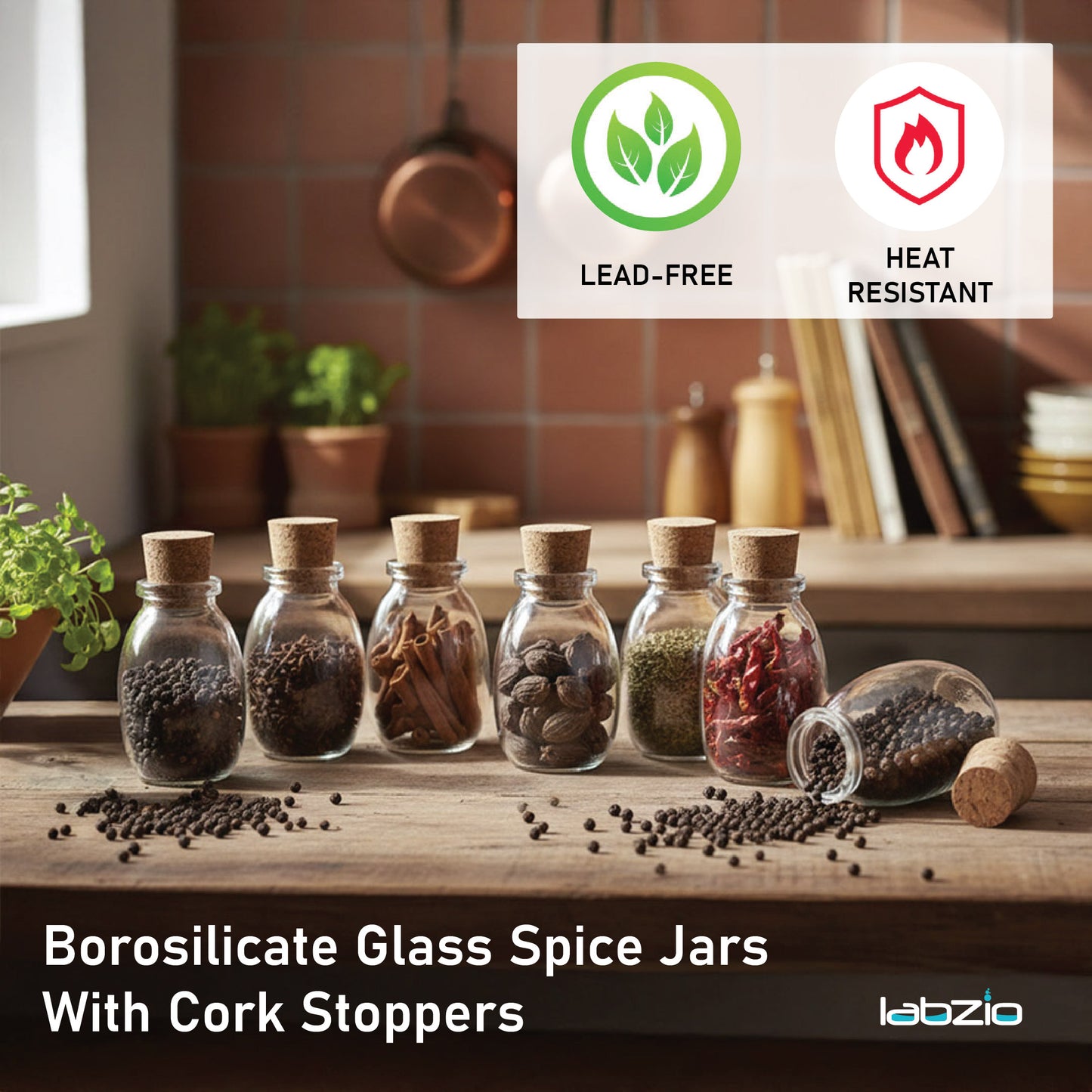 LABZIO Home - Borosilicate glass spice jars with cork stoppers, Ideal for DIY crafts, party favors, dry fruit gifting, chutneybottles, (Pack of 8) (110 ml each), Includes a funnel (80mm)
