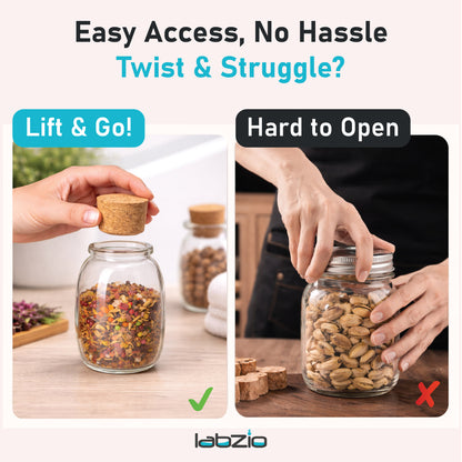 LABZIO Home - Borosilicate glass spice jars with cork stoppers, Ideal for DIY crafts, party favors, dry fruit gifting, chutneybottles, (Pack of 8) (110 ml each), Includes a funnel (80mm)