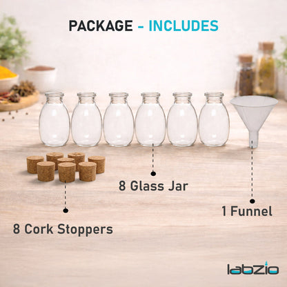 LABZIO Home - Borosilicate glass spice jars with cork stoppers, Ideal for DIY crafts, party favors, dry fruit gifting, chutneybottles, (Pack of 8) (110 ml each), Includes a funnel (80mm)