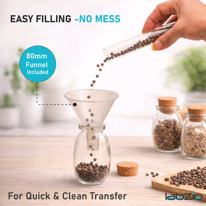 LABZIO Home - Borosilicate glass spice jars with cork stoppers, Ideal for DIY crafts, party favors, dry fruit gifting, chutneybottles, (Pack of 8) (110 ml each), Includes a funnel (80mm)