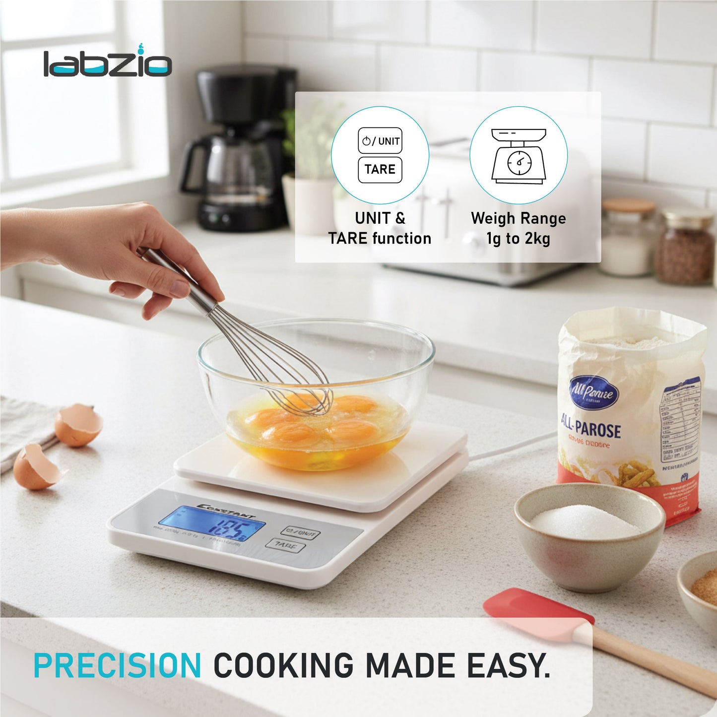 Labzio Home - Constant Digital Slim Kitchen/Food/Baking Weighing Scale, Precise Weight Scale Capacity 1g - 2Kgs,Batteries Included (White)