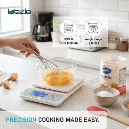 Labzio Home - Constant Digital Slim Kitchen/Food/Baking Weighing Scale, Precise Weight Scale Capacity 1g - 2Kgs,Batteries Included (White)