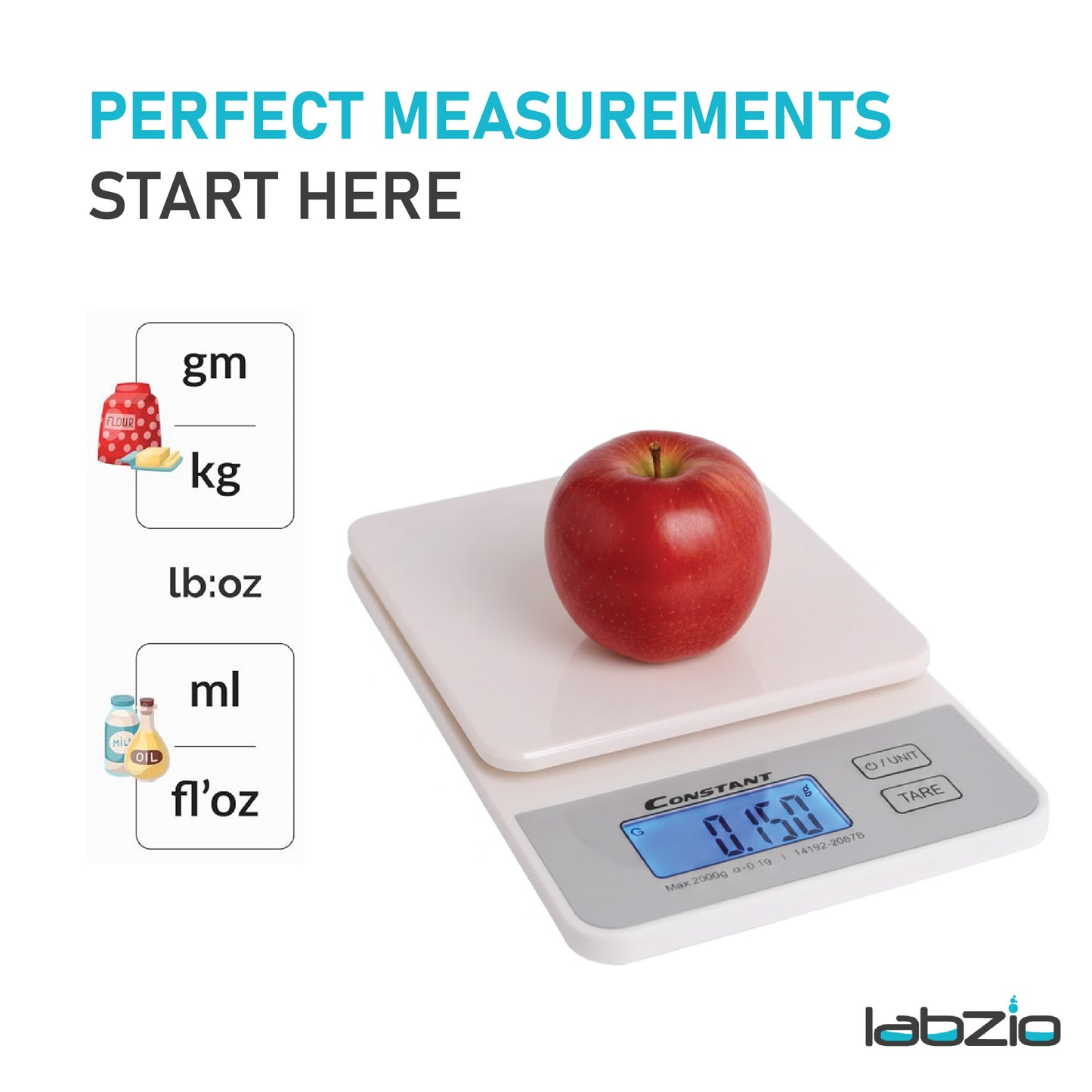 Labzio Home - Constant Digital Slim Kitchen/Food/Baking Weighing Scale, Precise Weight Scale Capacity 1g - 2Kgs,Batteries Included (White)