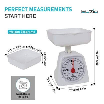 LABZIO Accurate Analog Weighing Scale 2Kg Capacity, 10g Graduation, for Kitchen, Laboratory, and Craft Use, Durable White Scale for Household, Lab, Crafting, Professional and Personal Use