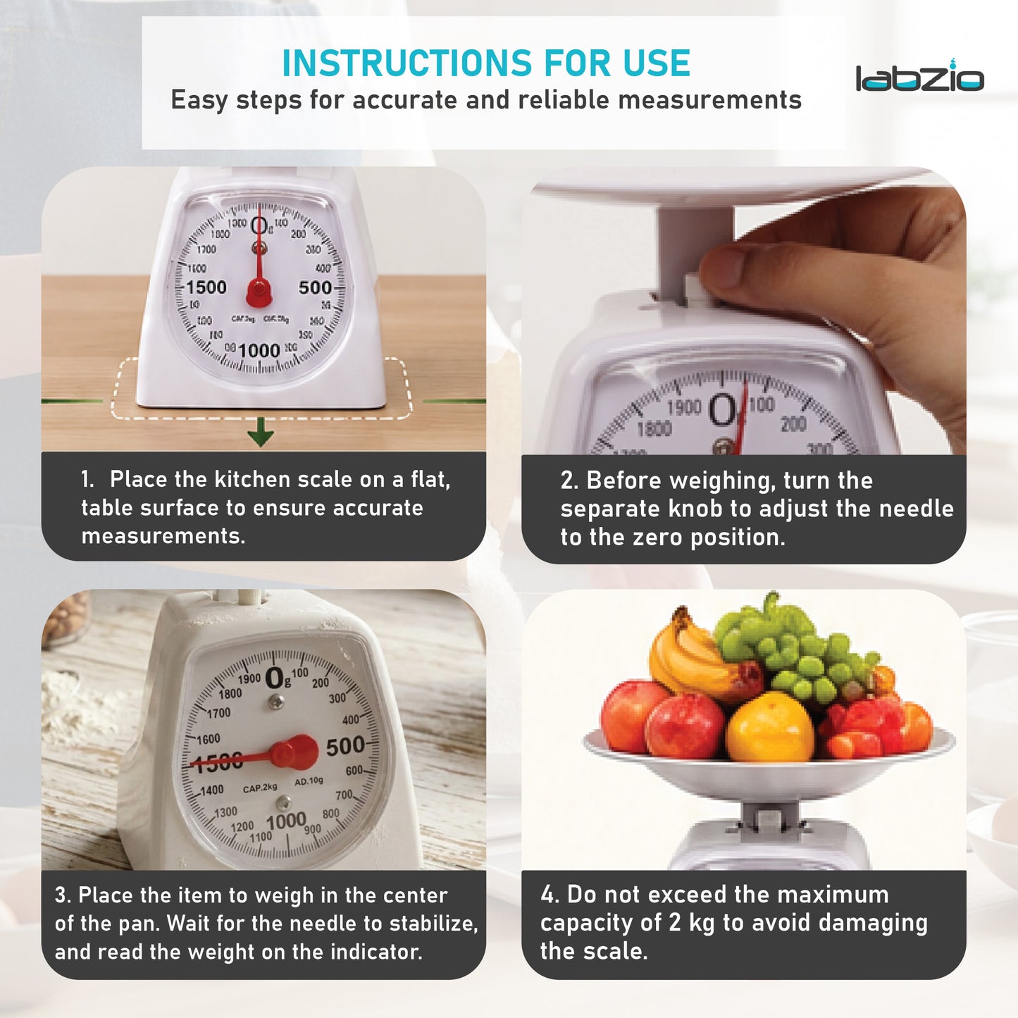 LABZIO Accurate Analog Weighing Scale 2Kg Capacity, 10g Graduation, for Kitchen, Laboratory, and Craft Use, Durable White Scale for Household, Lab, Crafting, Professional and Personal Use