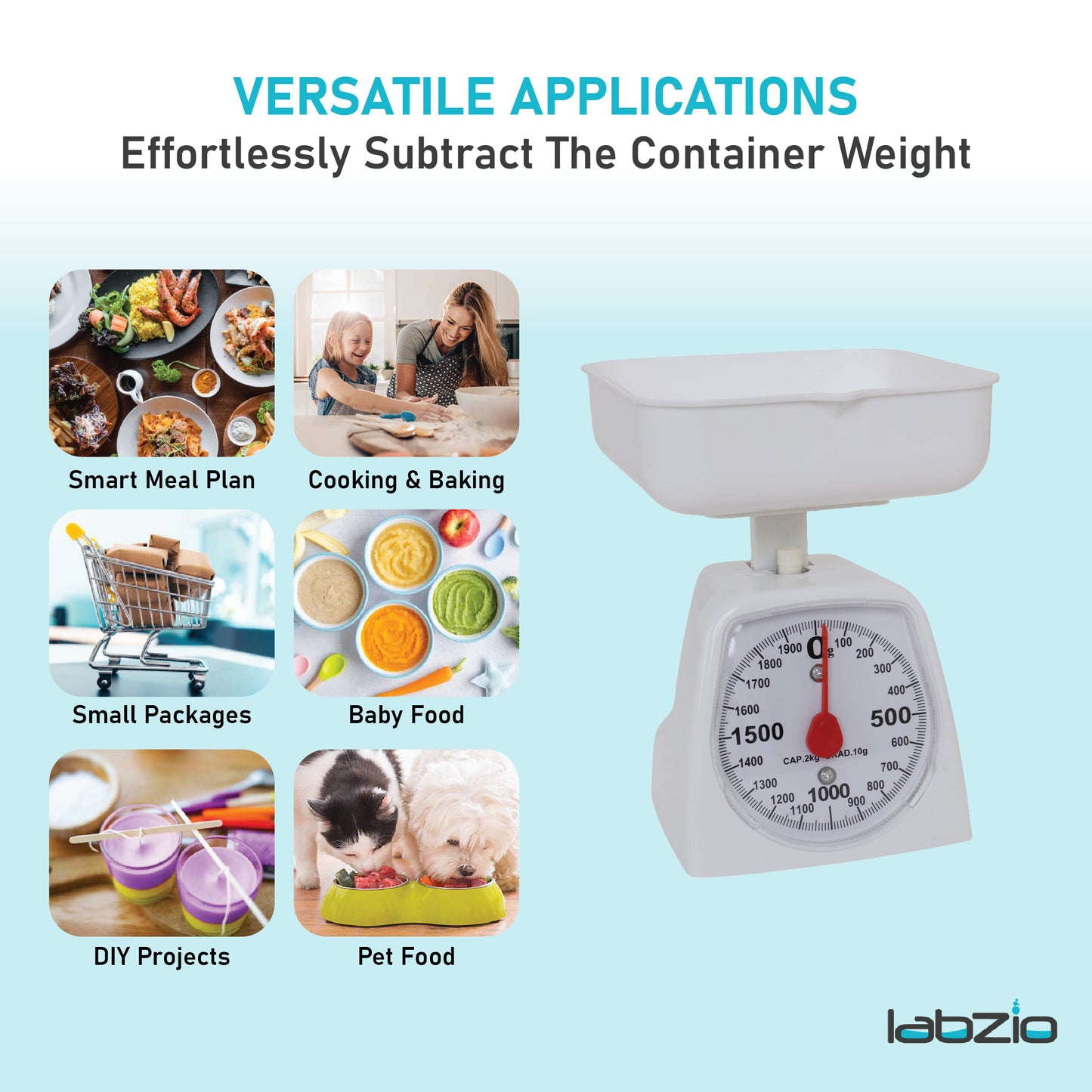 LABZIO Accurate Analog Weighing Scale 2Kg Capacity, 10g Graduation, for Kitchen, Laboratory, and Craft Use, Durable White Scale for Household, Lab, Crafting, Professional and Personal Use