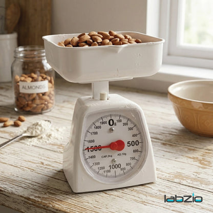 LABZIO Accurate Analog Weighing Scale 2Kg Capacity, 10g Graduation, for Kitchen, Laboratory, and Craft Use, Durable White Scale for Household, Lab, Crafting, Professional and Personal Use