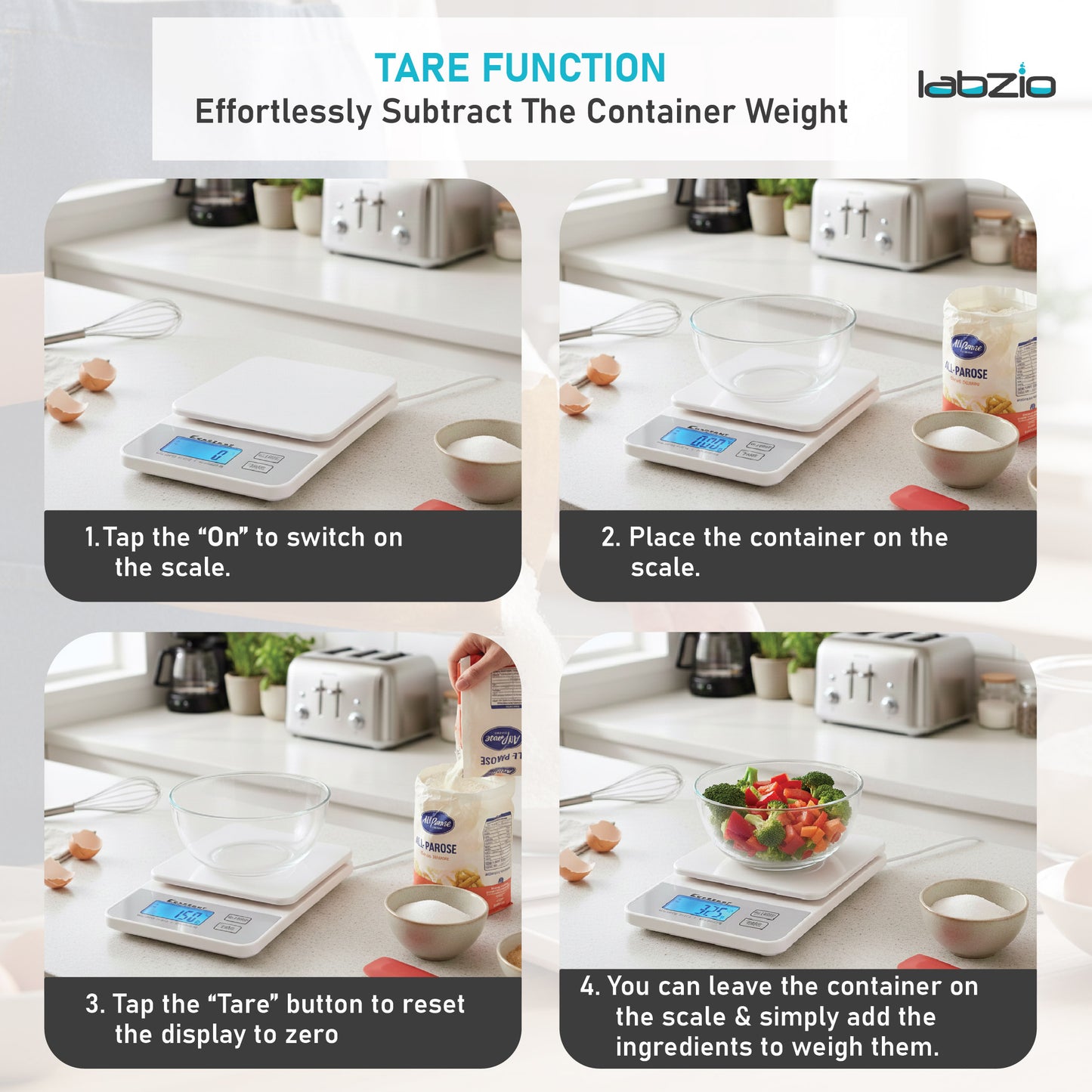 Labzio Home - Weight Machine for Kitchen, Kitchen Food Weighing Scale for Health, Fitness, Home Baking & Cooking with Bright LCD, Touch Button, Tare Function range 1g-5000g capacity
