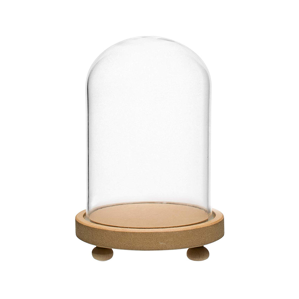 LABZIO Decorative Clear Borosilicate 3.3 glass Bell Jar, Display Case- round lacquered Wood base with small Wooden feet / Centerpiece, Tabletop Display