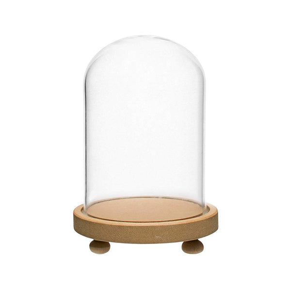 Decorative Clear Borosilicate 3.3 glass Bell Jar, Display Case- round lacquered Wood base with small Wooden feet / Centre piece, Tabletop Display, 8 by 5.5 Inch (1, Medium)