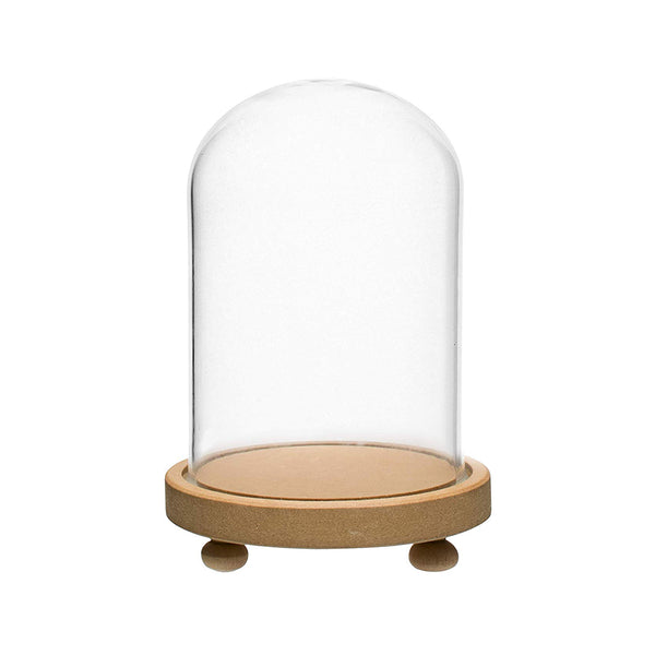 Decorative glass Bell Jar, Display Case- Clear Borosilicate 3.3, round lacquered Wood base with small Wooden feet / Centre piece, Tabletop Display