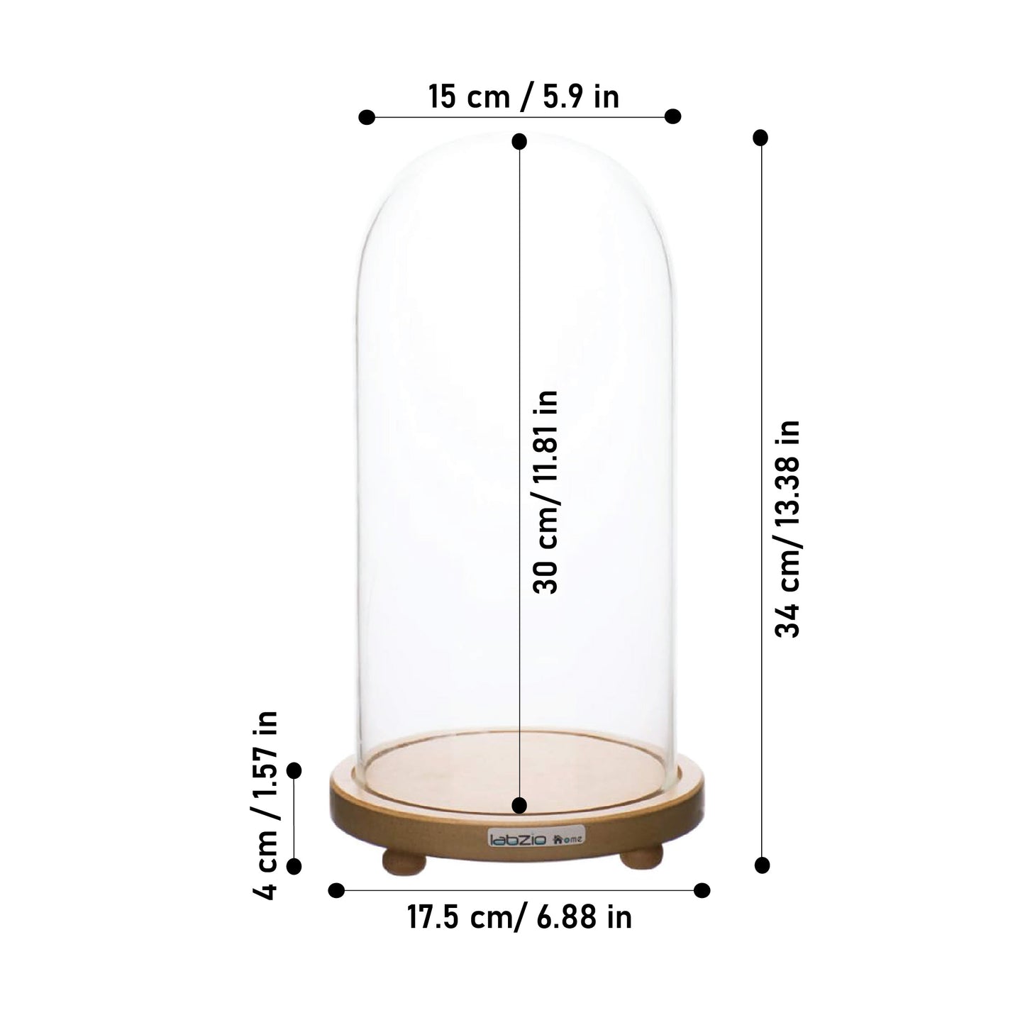LABZIO Decorative Clear Borosilicate Glass Bell Jar with Round Lacquered Wood Base and Wooden Feet, Elegant Tabletop Display Case for Home Decor, Centerpiece, Office, Living Room, Unique Glass Jar Display