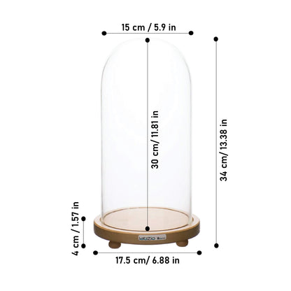 LABZIO Decorative Clear Borosilicate Glass Bell Jar with Round Lacquered Wood Base and Wooden Feet, Elegant Tabletop Display Case for Home Decor, Centerpiece, Office, Living Room, Unique Glass Jar Display