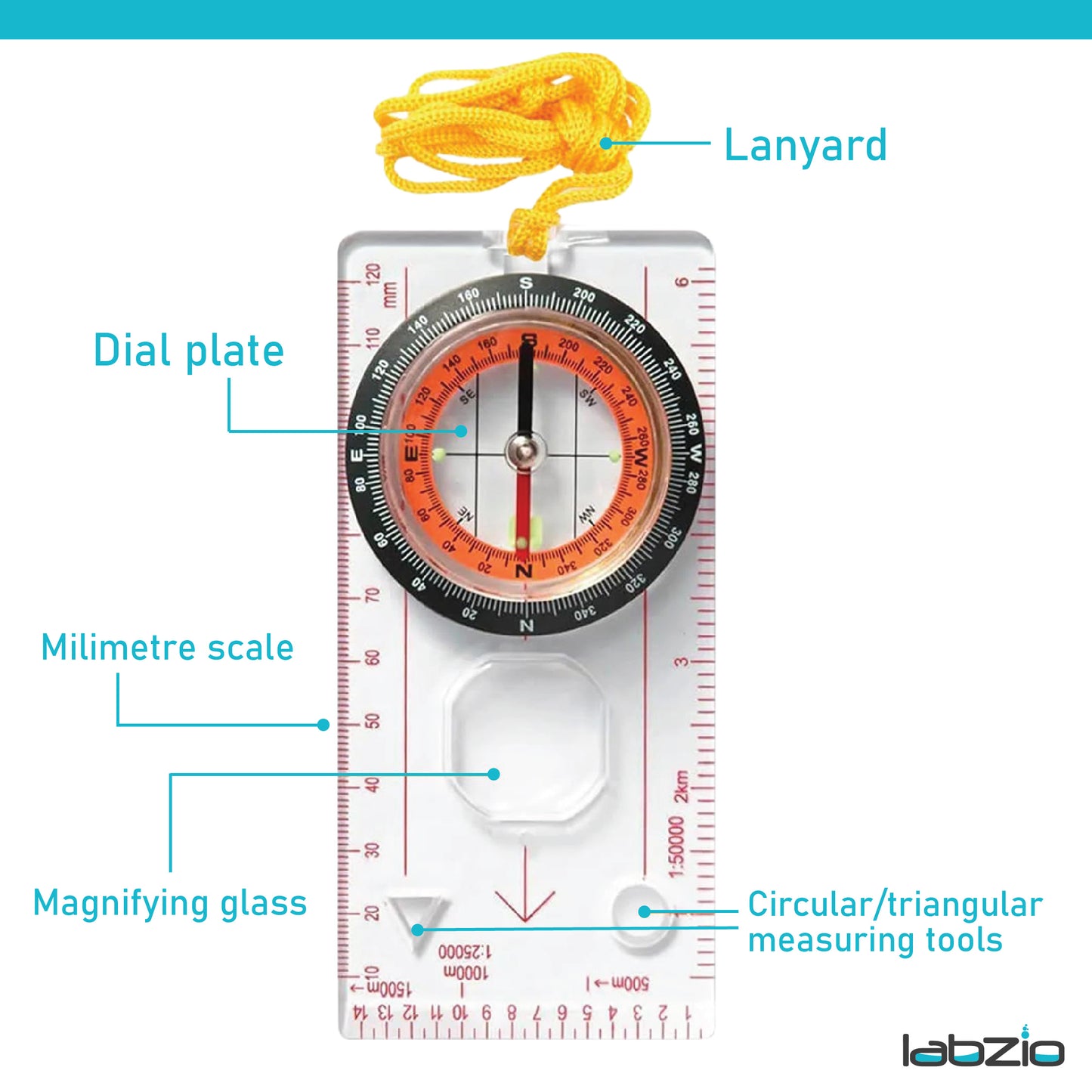 Multifunction compass - Liquid filled outdoor Navigation, Camping with samll magnifying lens, scales and ruler for map reading