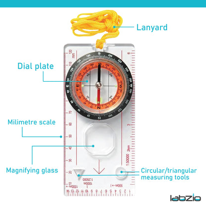 Multifunction compass - Liquid filled outdoor Navigation, Camping with samll magnifying lens, scales and ruler for map reading
