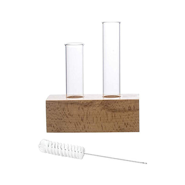 Flower Vase with 2 Hand Blown Borosilicate glass test tubes in a rectangle wooden block stand to Decorate Home & Office Spaces
