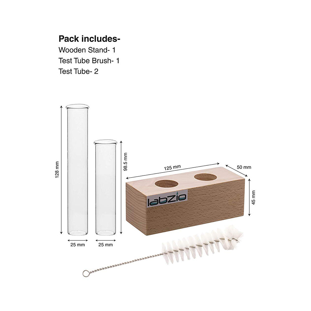 Flower Vase with 2 Hand Blown Borosilicate glass test tubes in a rectangle wooden block stand to Decorate Home & Office Spaces