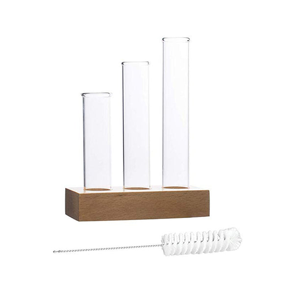 Flower Vase with 3 Hand Blown Borosilicate glass test tubes in a Small Rectangle Wooden Block Stand to Decorate Home & Office Spaces