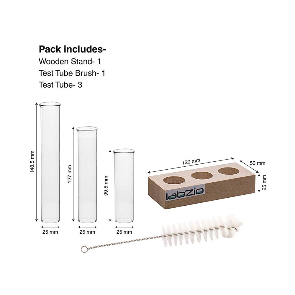 Flower Vase with 3 Hand Blown Borosilicate glass test tubes in a Small Rectangle Wooden Block Stand to Decorate Home & Office Spaces