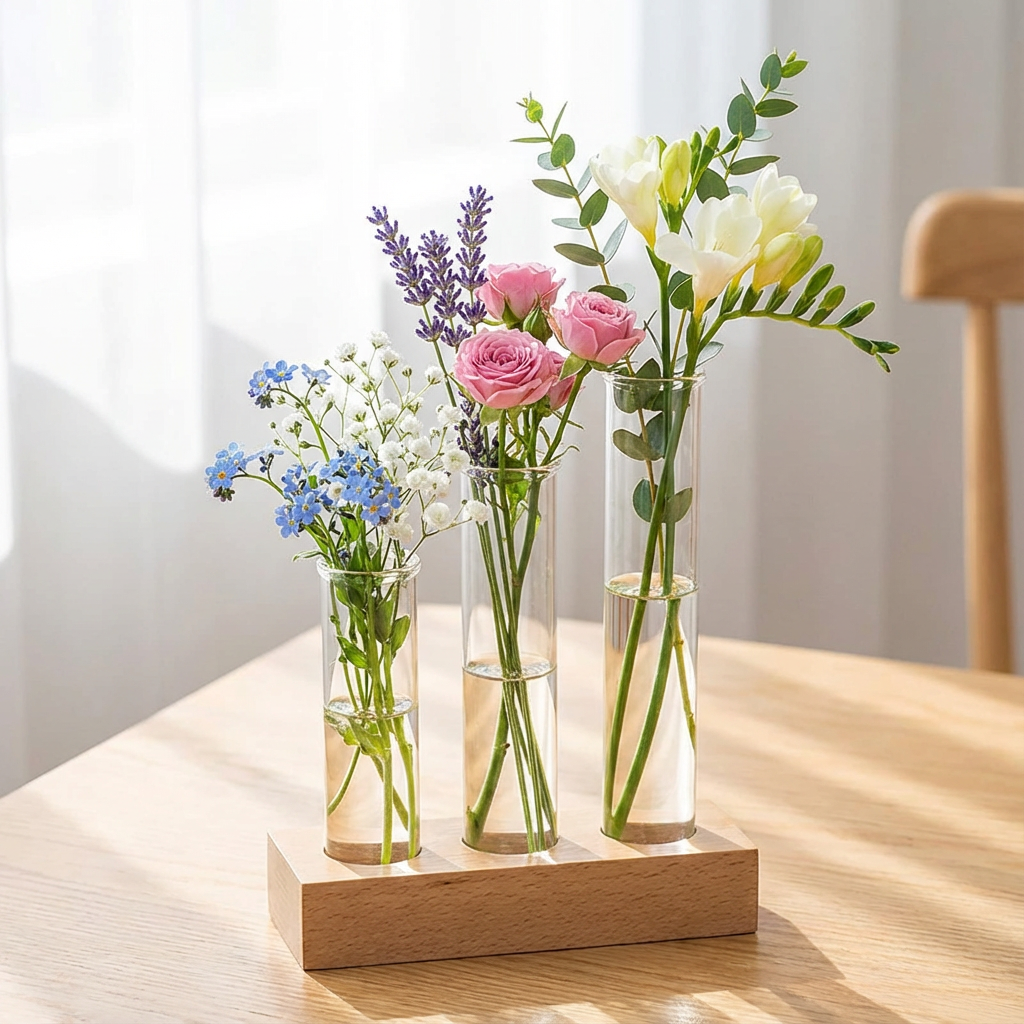 Labzio Home - Flower Vase with 3 Hand Blown Borosilicate glass test tubes in a Small Rectangle Wooden Block Stand