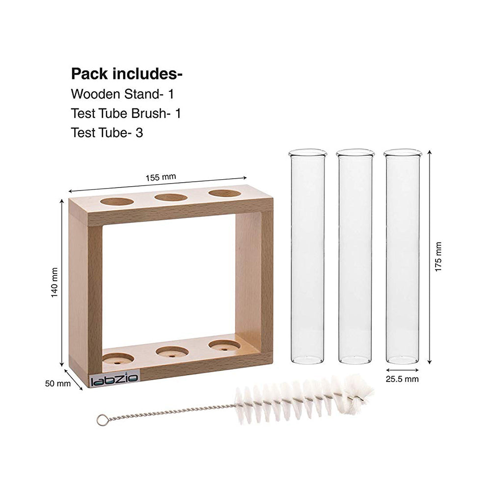 Flower vase with 3 Hand Blown Borosilicate glass test tubes in a Stylish Wooden stand to decorate home and work spaces