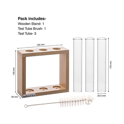 Flower vase with 3 Hand Blown Borosilicate glass test tubes in a Stylish Wooden stand to decorate home and work spaces