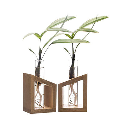 LABZIO By EISCO - Flower Vase In a Artistic Wooden Stand with a 3.3 borosilicate glass , Pack of 2