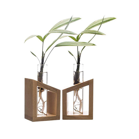 LABZIO By EISCO - Flower Vase In a Artistic Wooden Stand with a 3.3 borosilicate glass , Pack of 2