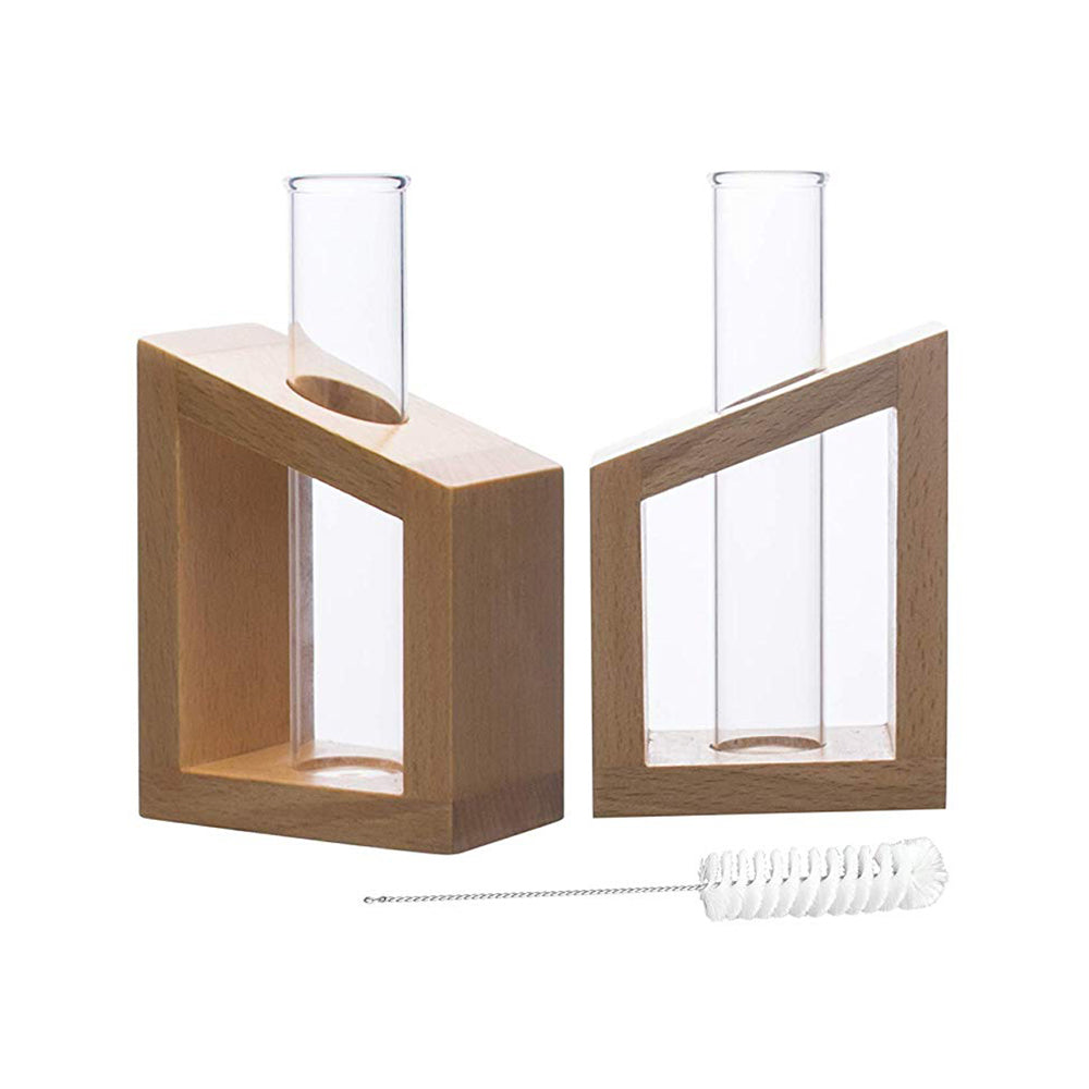 LABZIO By EISCO - Flower Vase In a Artistic Wooden Stand with a 3.3 borosilicate glass , Pack of 2