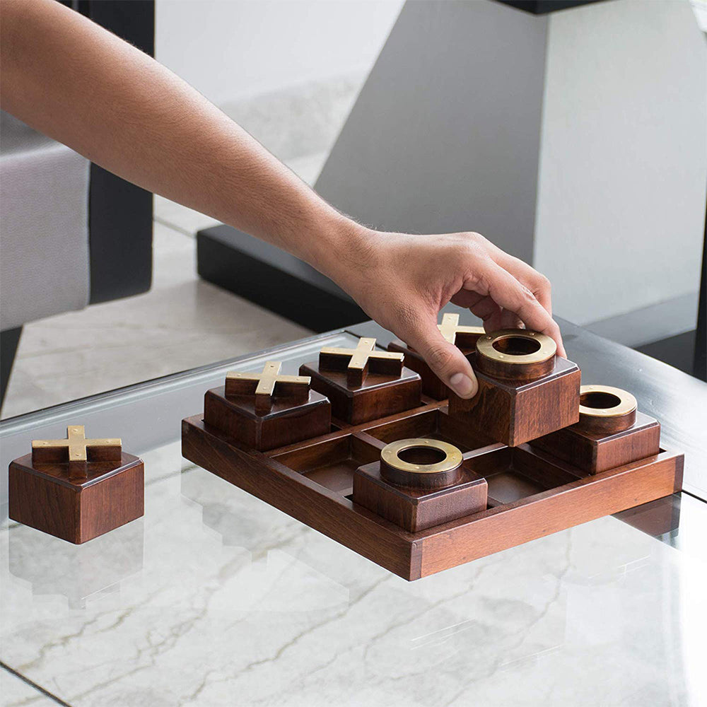 LABZIO Wooden Premium Wooden Tic Tac Toe/ noughts & crosses game with Brass Signs, Hand Crafted and Polished for a Perfect Finish, As Showpiece/Centerpiece For Home and Cafes, For all Ages