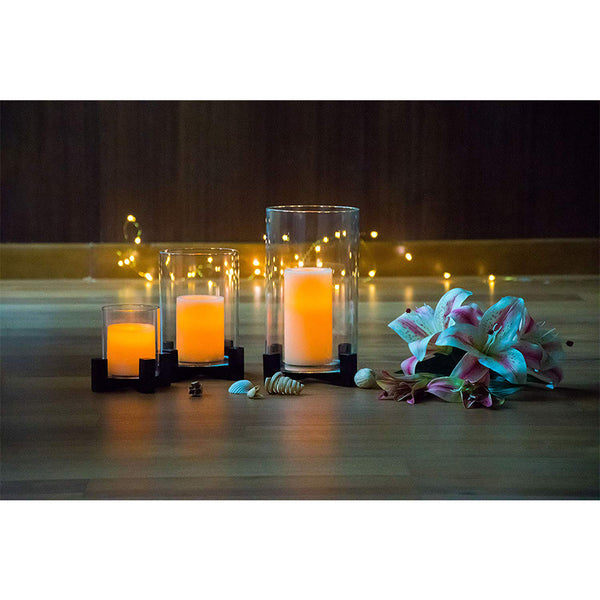 ELEGANT CANDLE STAND/ FLOWER VASE WITH WOODEN BASE AND BOROSILICATE 3.3 glass CYLINDER ON TOP (Black, Large)