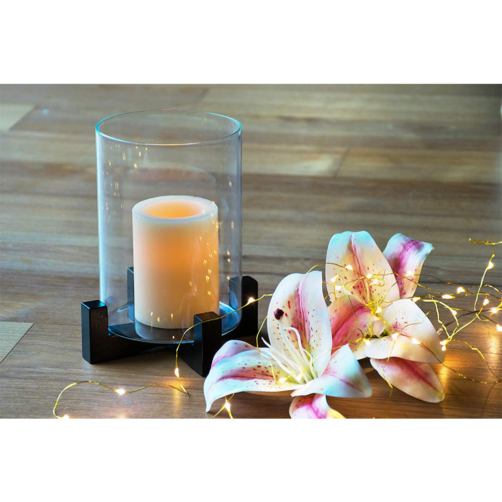 ELEGANT CANDLE STAND / FLOWER VASE WITH WOODEN BASE AND BOROSILICATE 3.3 glass CYLINDER ON TOP