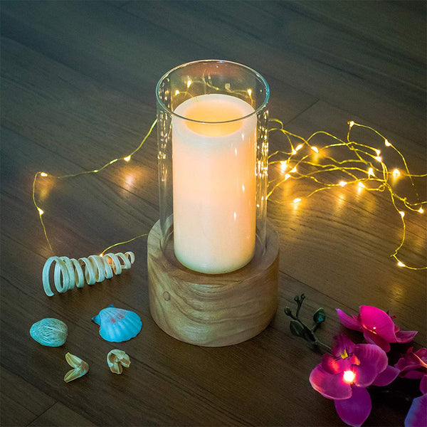 DECORATIVE CANDLE STAND/FLOWER VASE WITH WOODEN CYLINDER AND BOROSILICATE 3.3 GLASS CYLINDER , Elegant Decor Accents for Wedding Decorations, Parties, or Everyday Home /cafe/hotel /office Decor