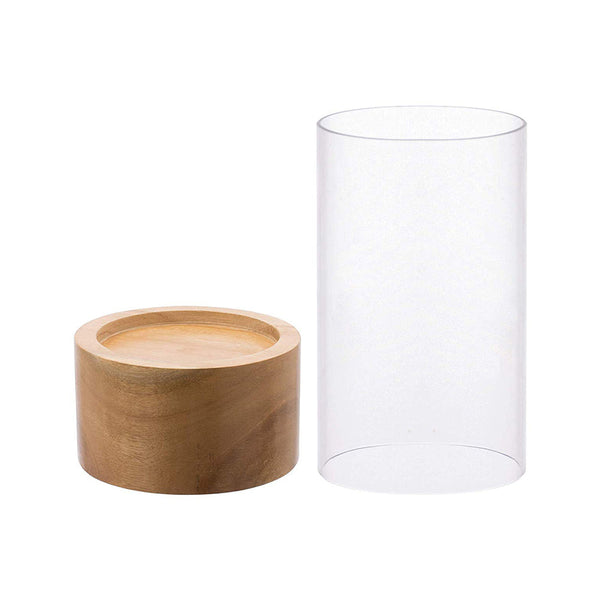 DECORATIVE CANDLE STAND/FLOWER VASE WITH WOODEN CYLINDER AND BOROSILICATE 3.3 GLASS CYLINDER , Elegant Decor Accents for Wedding Decorations, Parties, or Everyday Home /cafe/hotel /office Decor