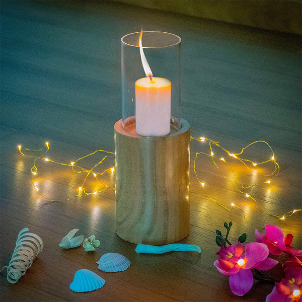 Decorative candle stand / Flower Vase with Solid natural wooden Base and Borosilicate 3.3 Glass Cylinder / Elegant Decor Accents for Wedding Decorations, Parties, or Everyday Home /cafe/hotel /office Decor