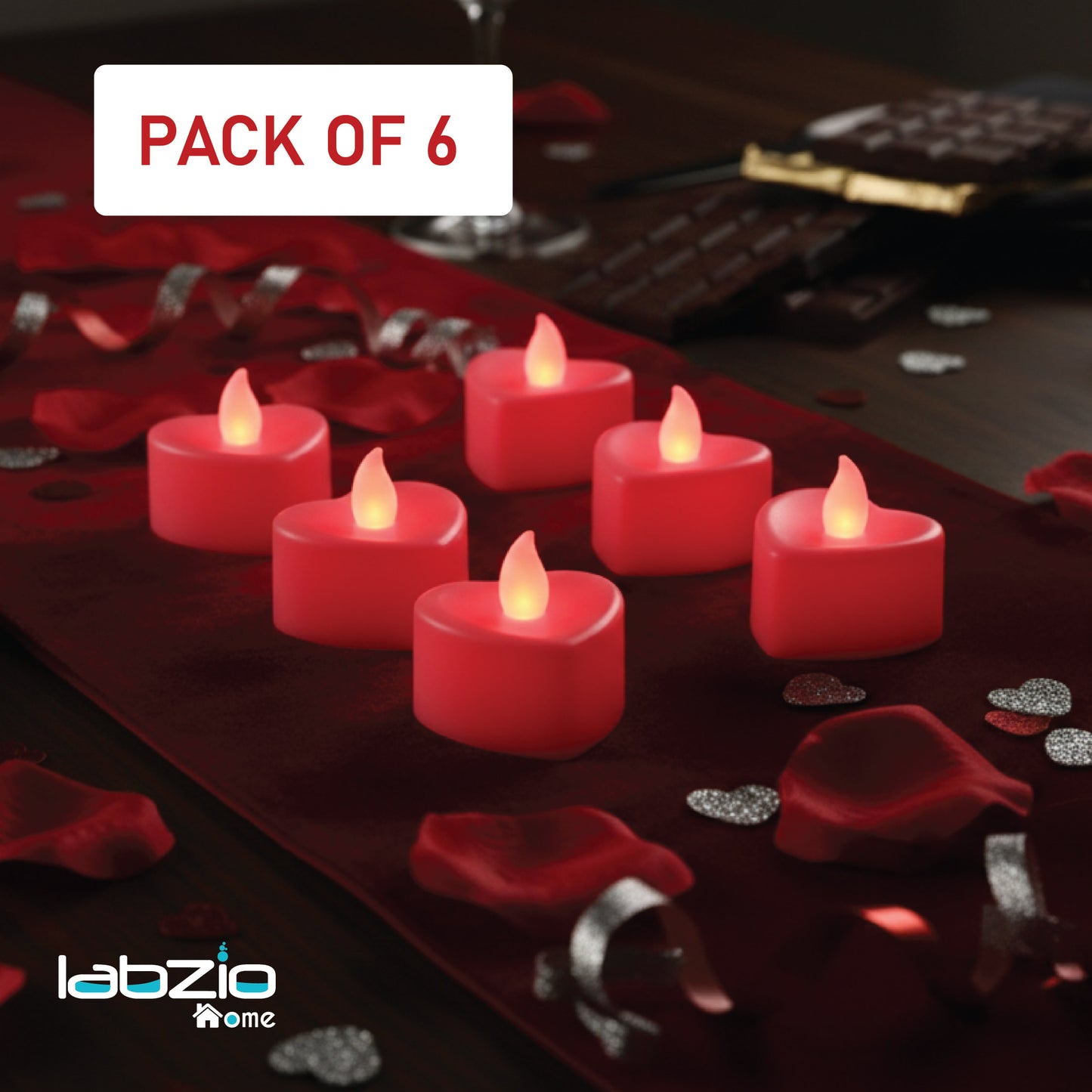LABZIO Red LED Heart Shape Flameless Tea Light Candles Pack of 6 | Flickering Diya Lights | 4cm x 2cm Compact Decorative Candles | Ideal for Diwali, Valentines Day, Pooja, Balcony & Home Decor