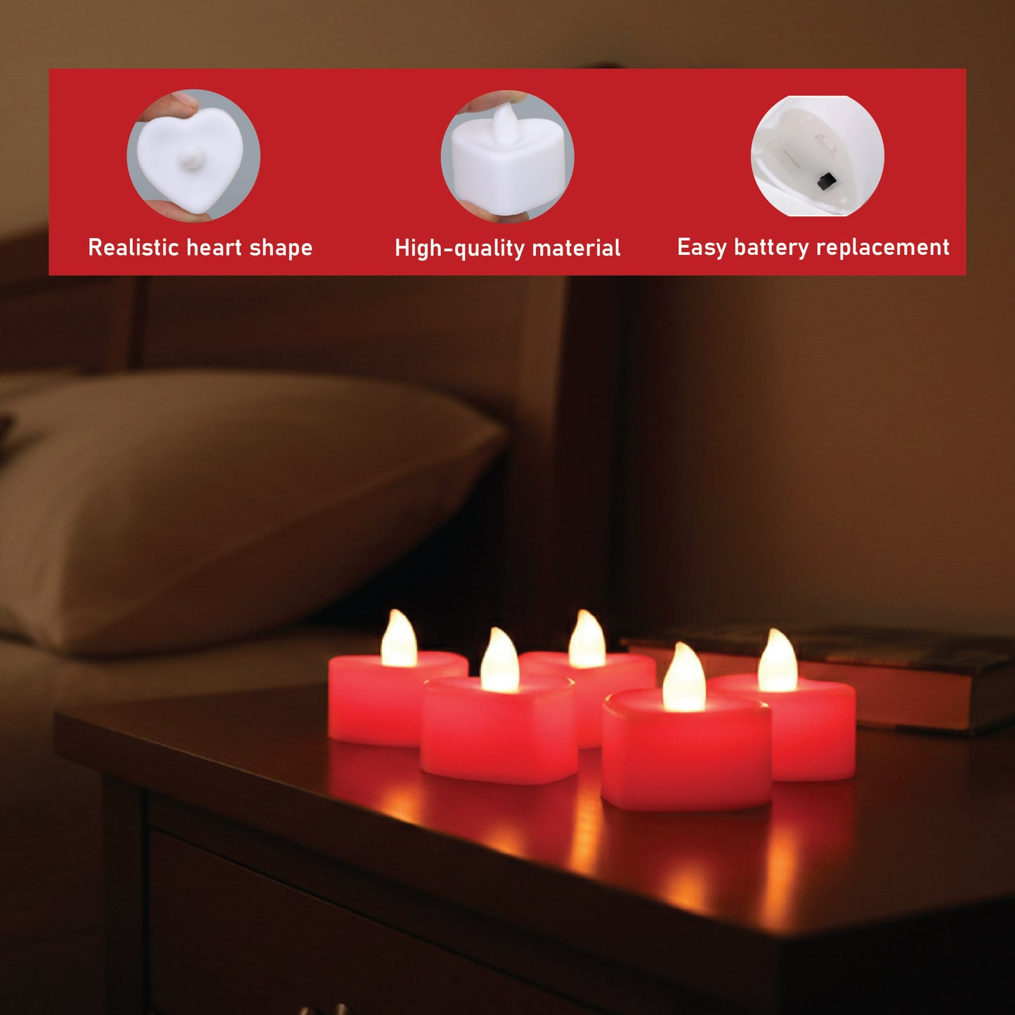 LABZIO Red LED Heart Shape Flameless Tea Light Candles Pack of 6 | Flickering Diya Lights | 4cm x 2cm Compact Decorative Candles | Ideal for Diwali, Valentines Day, Pooja, Balcony & Home Decor
