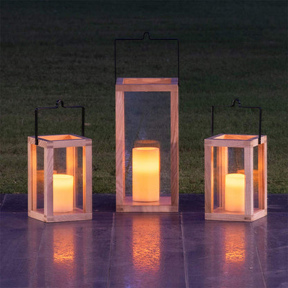 Wooden candle lantern for Indoor/Outdoor contemporary Chic styling , comes with a handle for for the ease of hanging