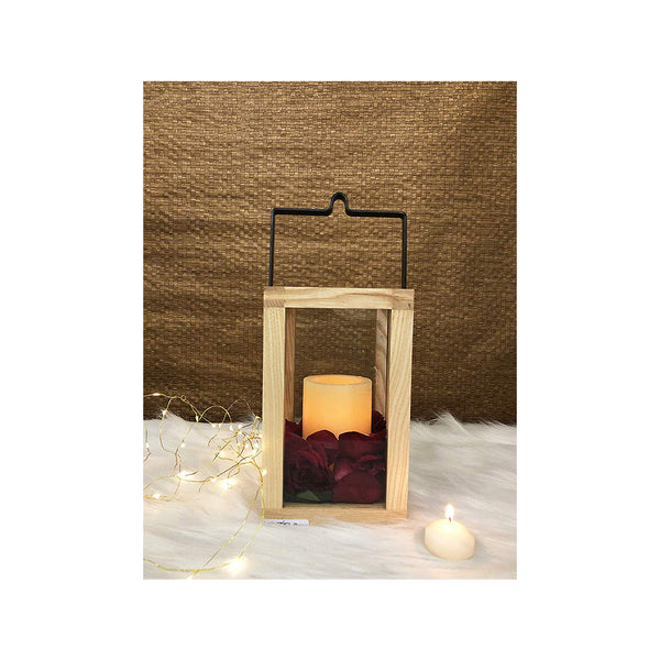 Wooden candle stand, lantern for Indoor/Outdoor use ,contemporary Chic styling , comes with a handle for for the ease of hanging (SMALL)