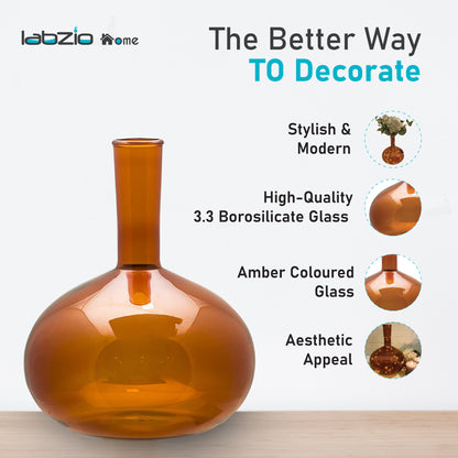 Labzio Home - Decorative Round Amber Glass Flower vase for Floral Arrangements at Home, Offices, Parties or Weddings