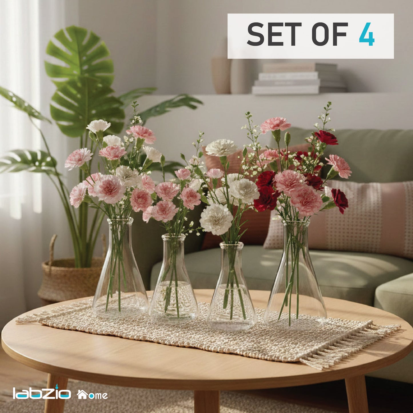 Labzio Home - Elegant Glass Flower vase/Shot flasks for Homes,Offices,cafes,etc, 50ml Each Pack of 4