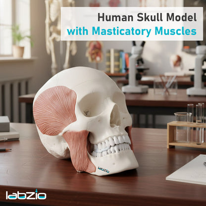 LABZIO - Premium 3-Part Human Skull Model with Masticatory Muscles, Life Size Anatomical Skull Cast from Real Human Bones Shows Range of Motion of Jaw